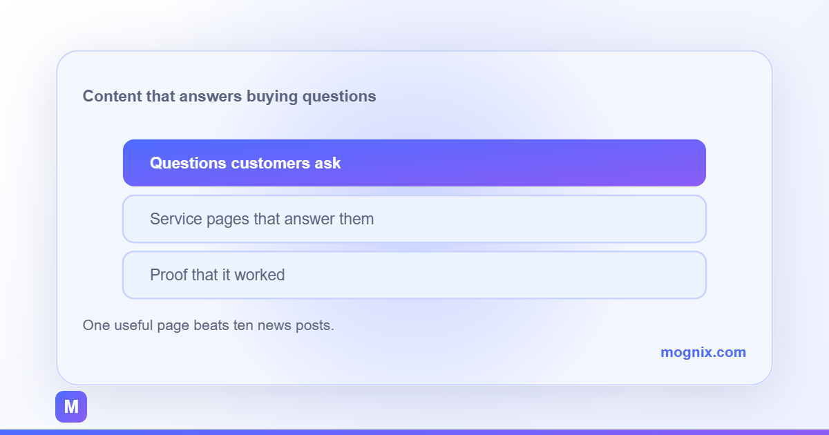 Content marketing for local business: customer questions, service pages that answer them, and proof