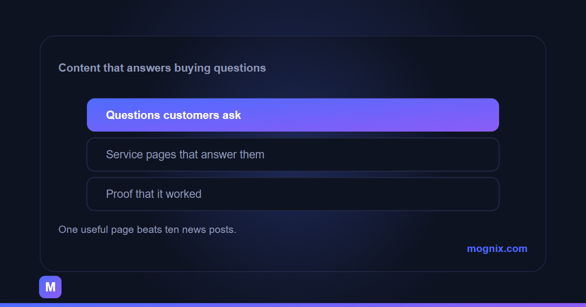 Content marketing for local business: customer questions, service pages that answer them, and proof